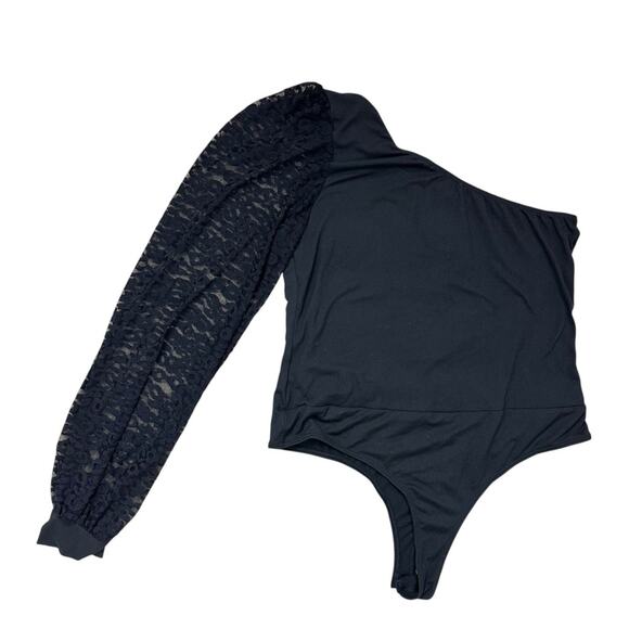 Elegant Black One-Shoulder Lace Sleeve Black Thong Bodysuit Medium Going Out Top - Picture 4 of 6